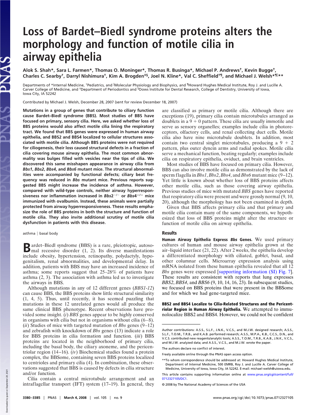 Loss of Bardet–Biedl Syndrome Proteins Alters the Morphology and Function of Motile Cilia in Airway Epithelia