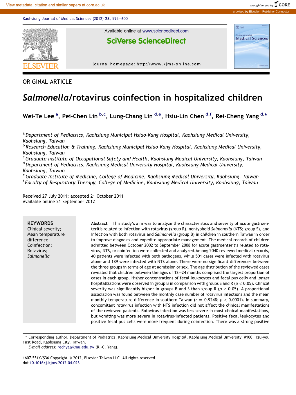 Salmonella/Rotavirus Coinfection in Hospitalized Children