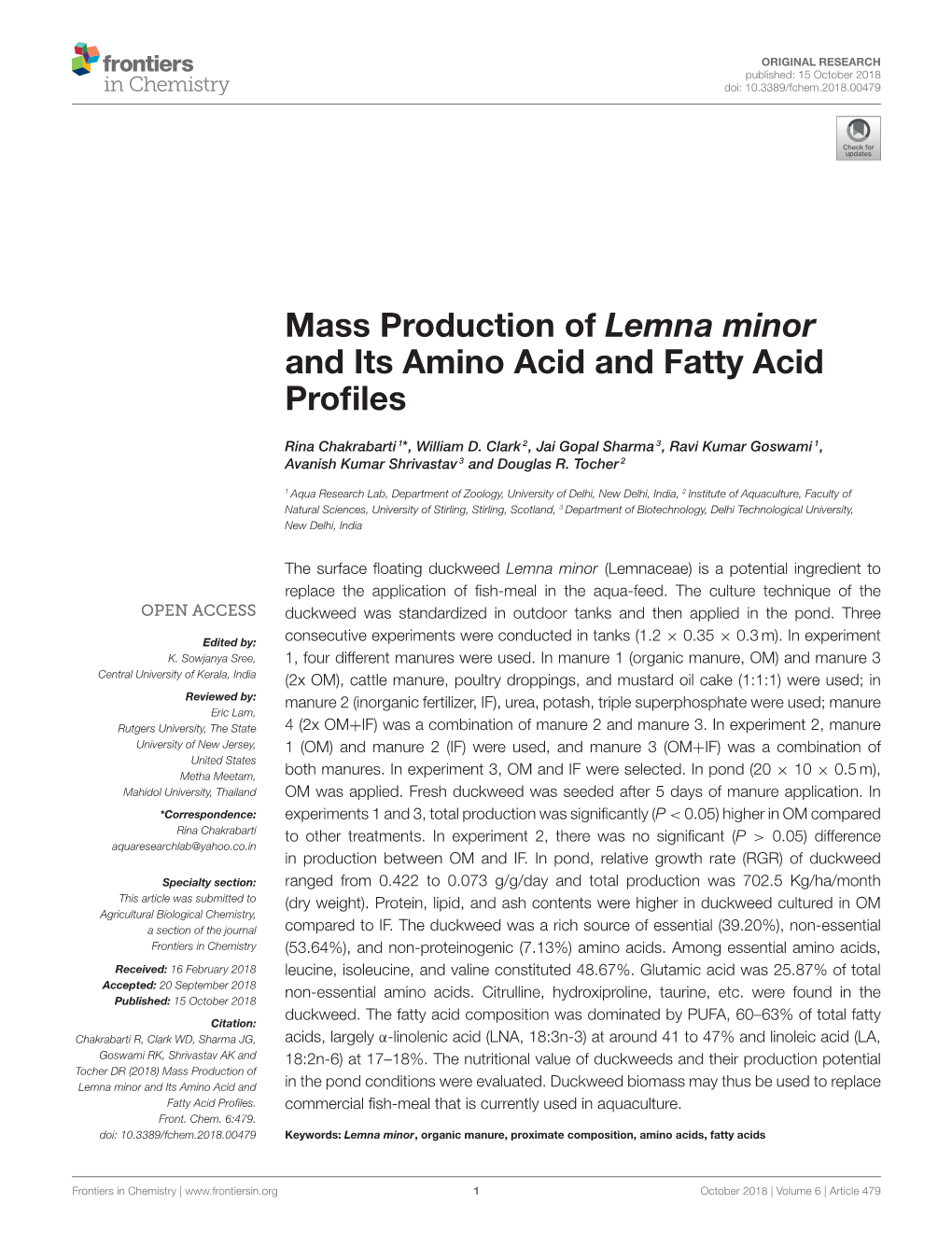 Mass Production of Lemna Minor and Its Amino Acid and Fatty Acid Profiles