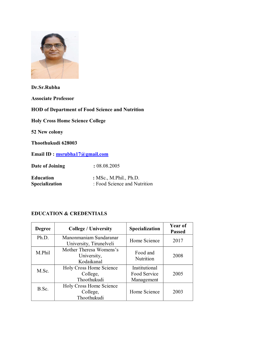 Dr.Sr.Rubha Associate Professor HOD of Department of Food Science