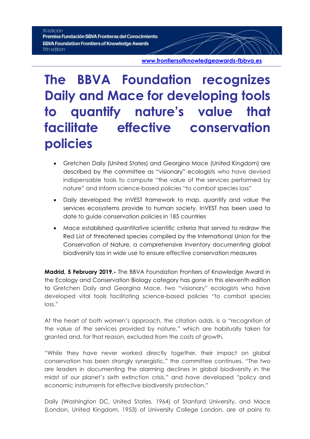 The BBVA Foundation Recognizes Daily and Mace for Developing Tools to Quantify Nature’S Value That Facilitate Effective Conservation Policies