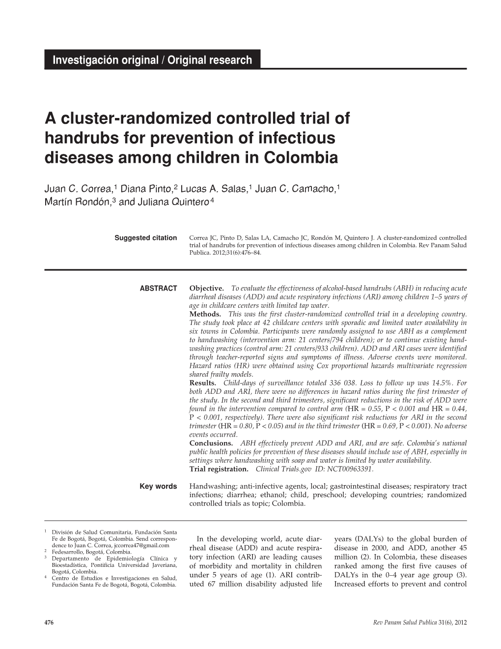 A Cluster-Randomized Controlled Trial of Handrubs for Prevention of Infectious Diseases Among Children in Colombia