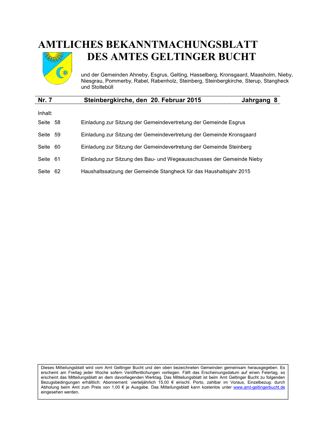 Amtliches Bekanntmachungsblatt Des Amtes Geltinger Bucht Nr. 07/2015