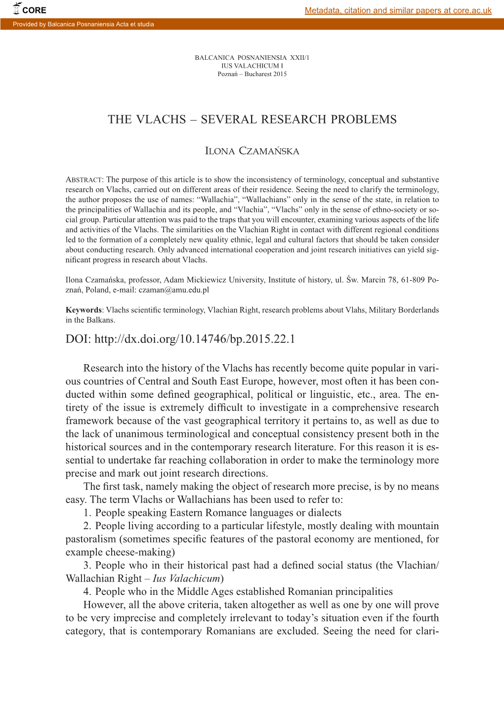 THE VLACHS – SEVERAL RESEARCH PROBLEMS DOI: Http