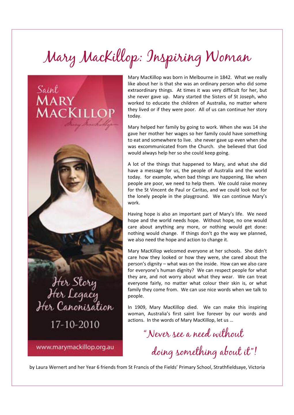 Mary Mackillop: Inspiring Woman