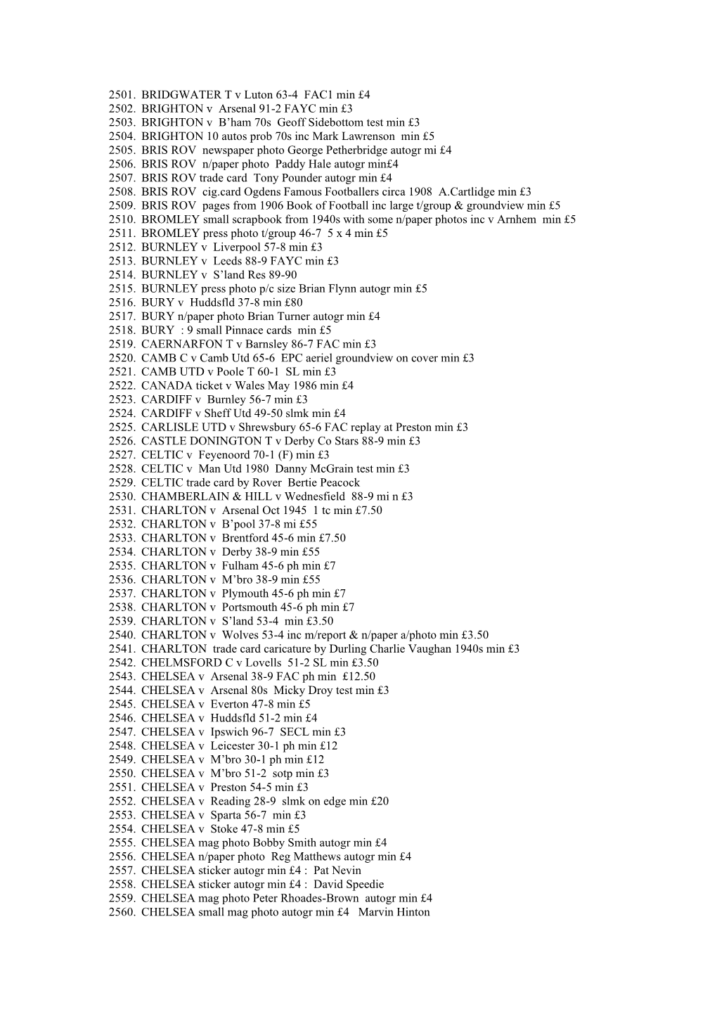 2501. BRIDGWATER T V Luton 63-4 FAC1 Min £4 2502. BRIGHTON V Arsenal 91-2 FAYC Min £3 2503. BRIGHTON V B'ham 70S Geoff S