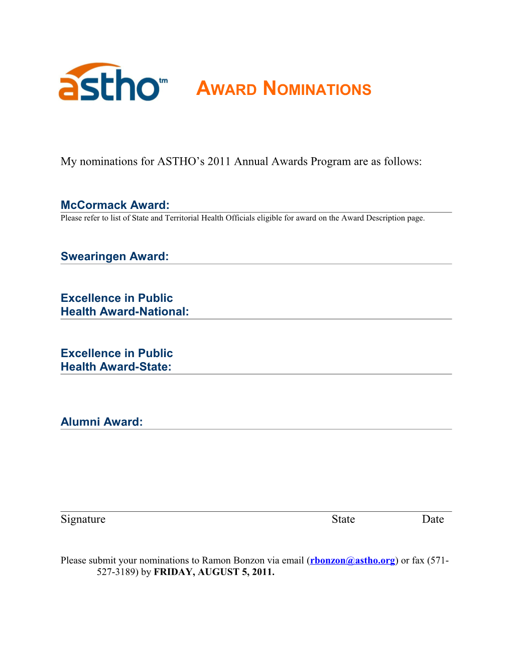 My Nominations for ASTHO S 2011 Annual Awards Program Are As Follows