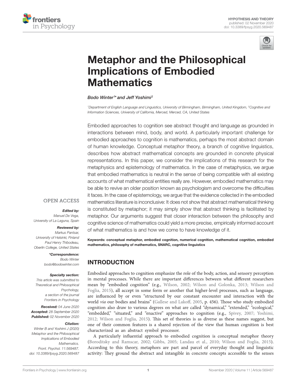 Metaphor and the Philosophical Implications of Embodied Mathematics