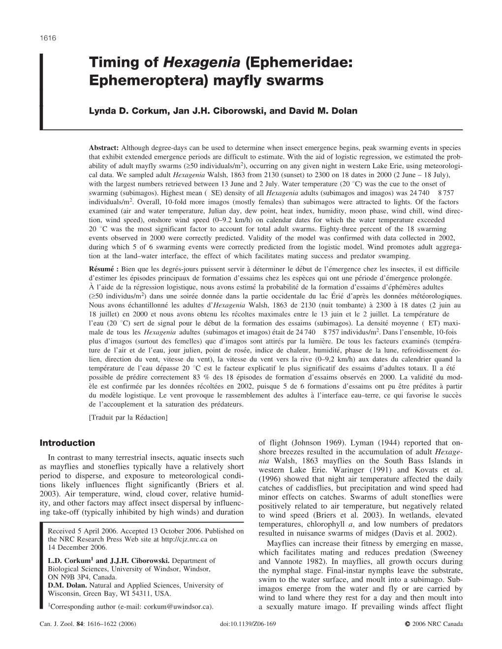 Timing of Hexagenia (Ephemeridae: Ephemeroptera) Mayfly Swarms