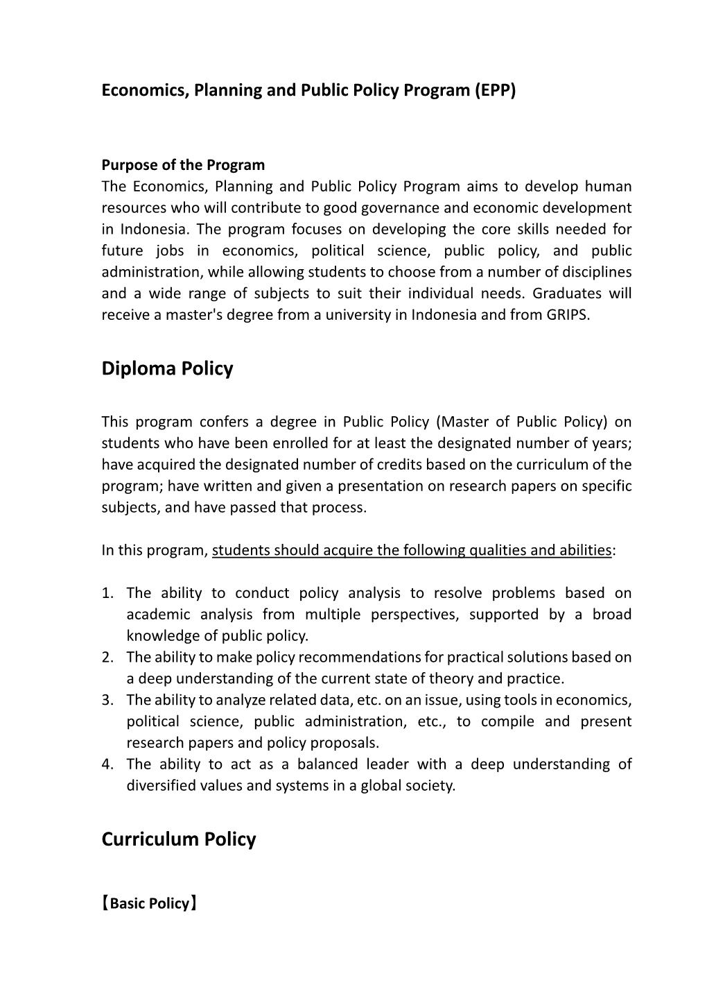 Economics, Planning and Public Policy Program (EPP)