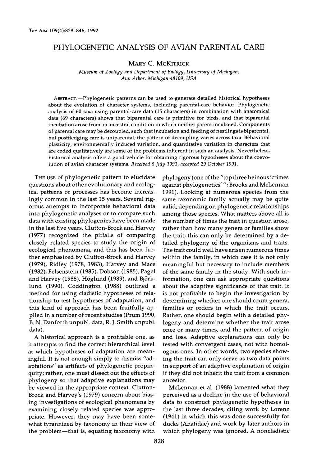 Phylogenetic Analysis of Avian Parental Care