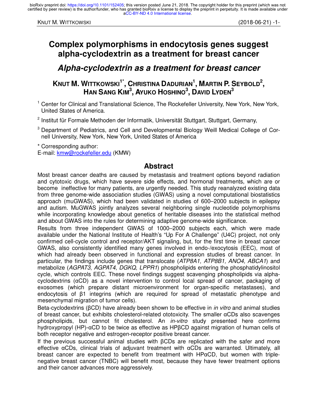 Complex Polymorphisms in Endocytosis Genes Suggest Alpha-Cyclodextrin As a Treatment for Breast Cancer Alpha-Cyclodextrin As a Treatment for Breast Cancer