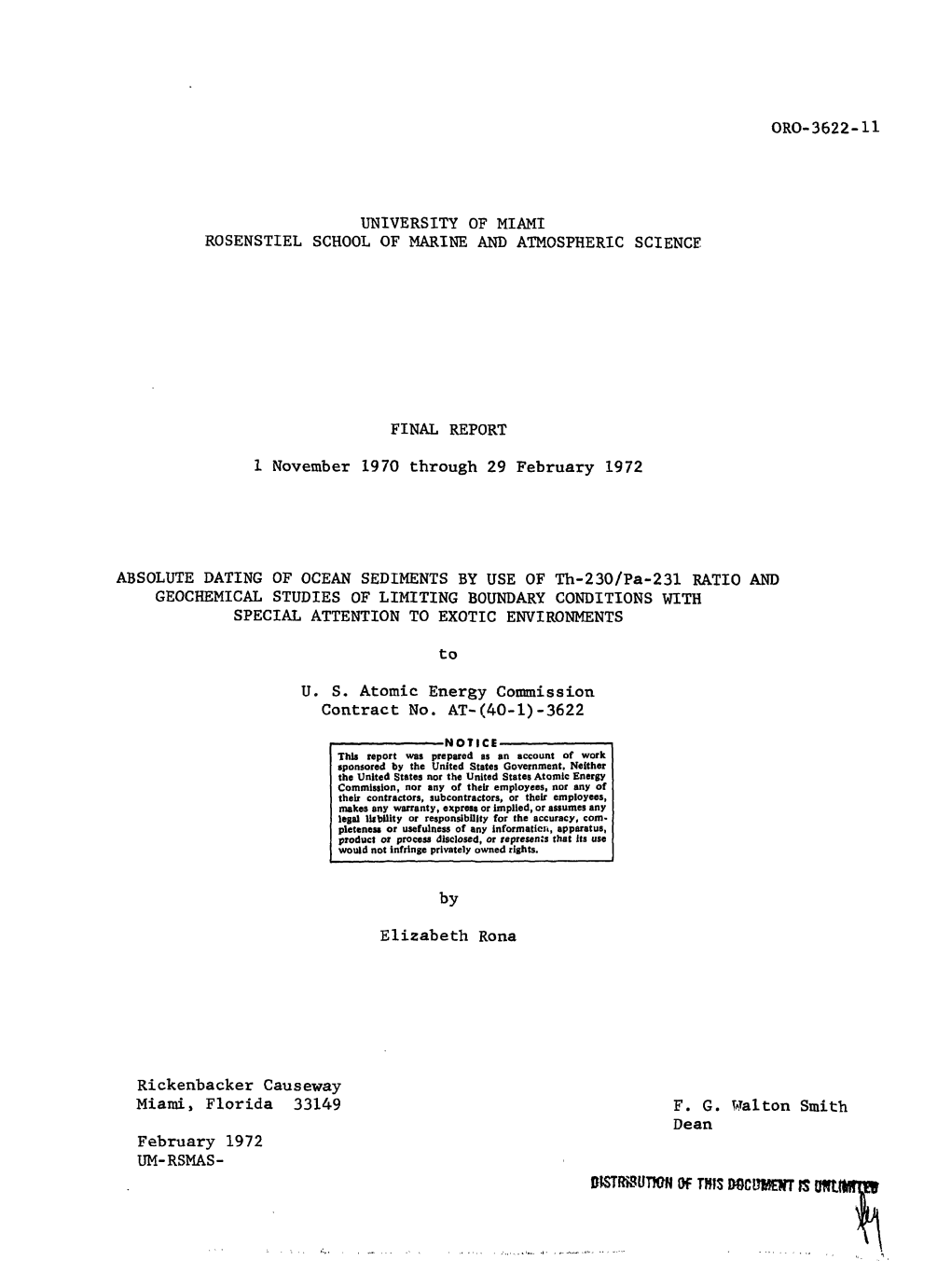 NOTICE This Report Was Prepared As an Account of Work Sponsored by the United States Government