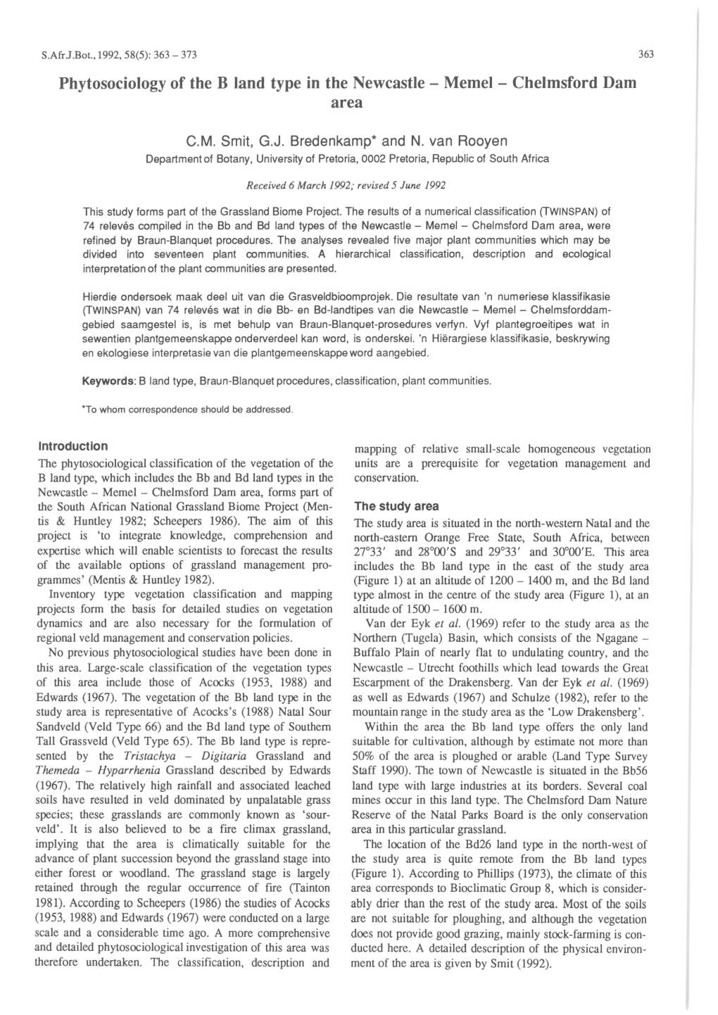 Phytosociology of the B Land Type in the Newcastle - Memel - Chelmsford Dam Area