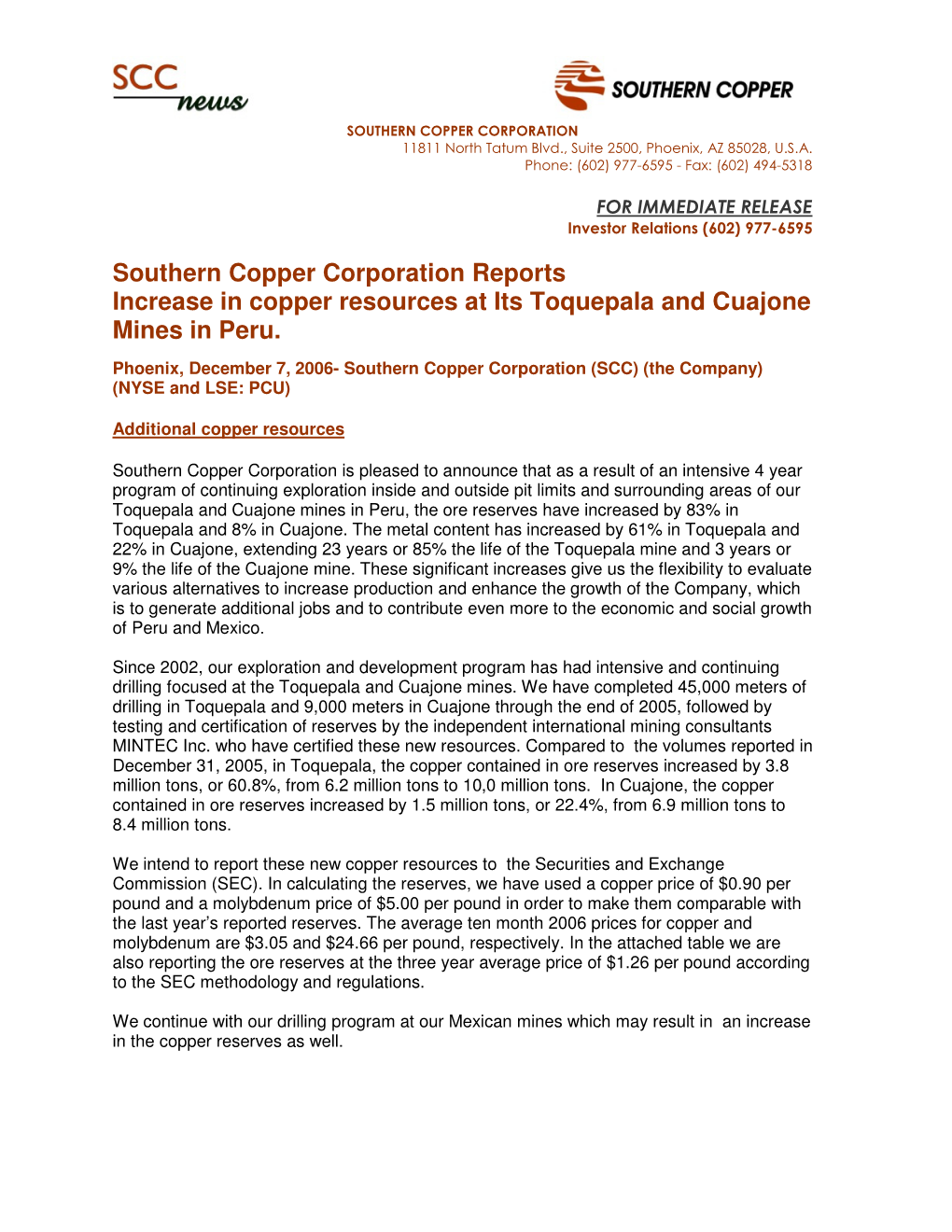 12.07.06 Southern Copper Corporation Reports Increase In
