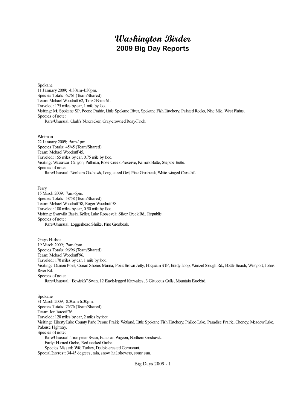 2009 Big Day Reports