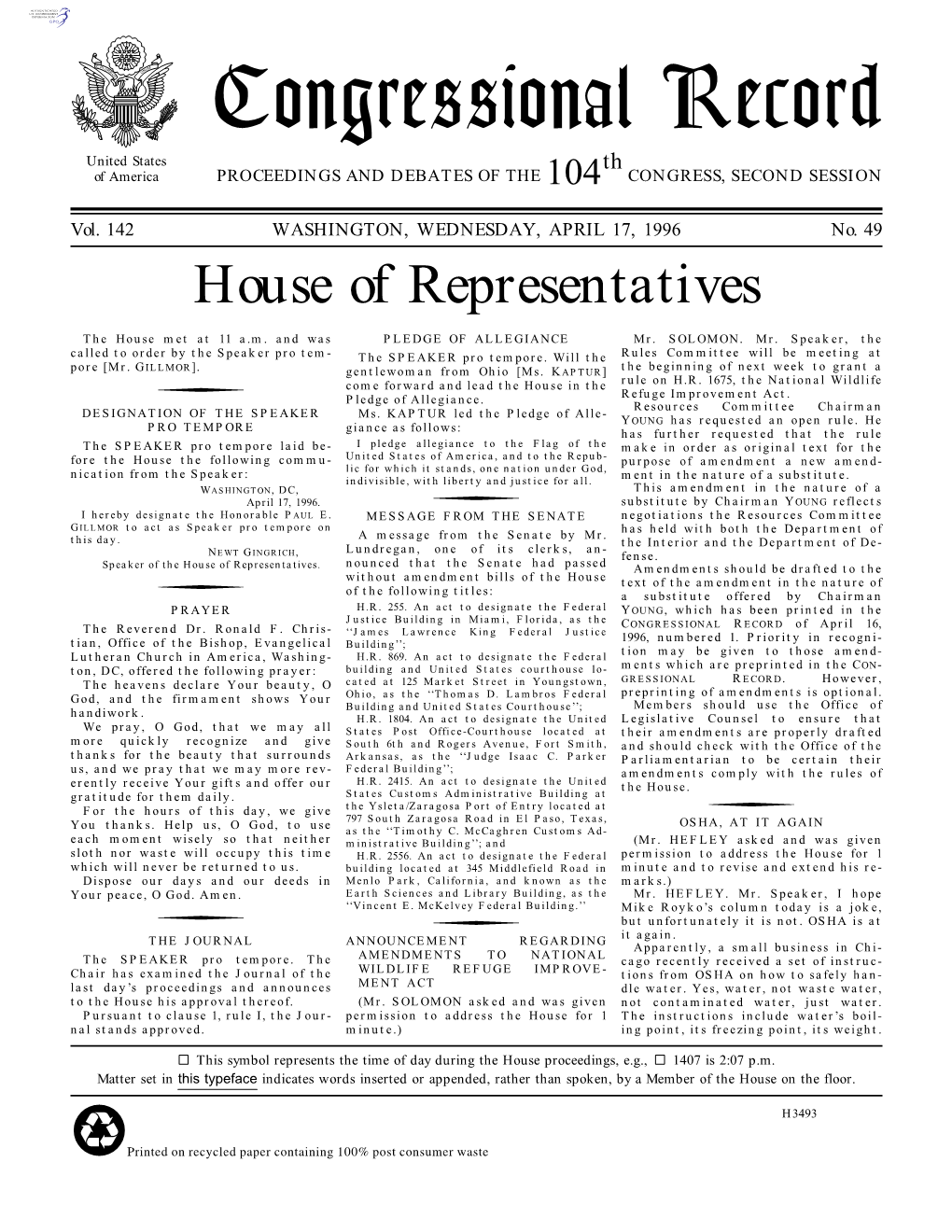 Congressional Record United States Th of America PROCEEDINGS and DEBATES of the 104 CONGRESS, SECOND SESSION