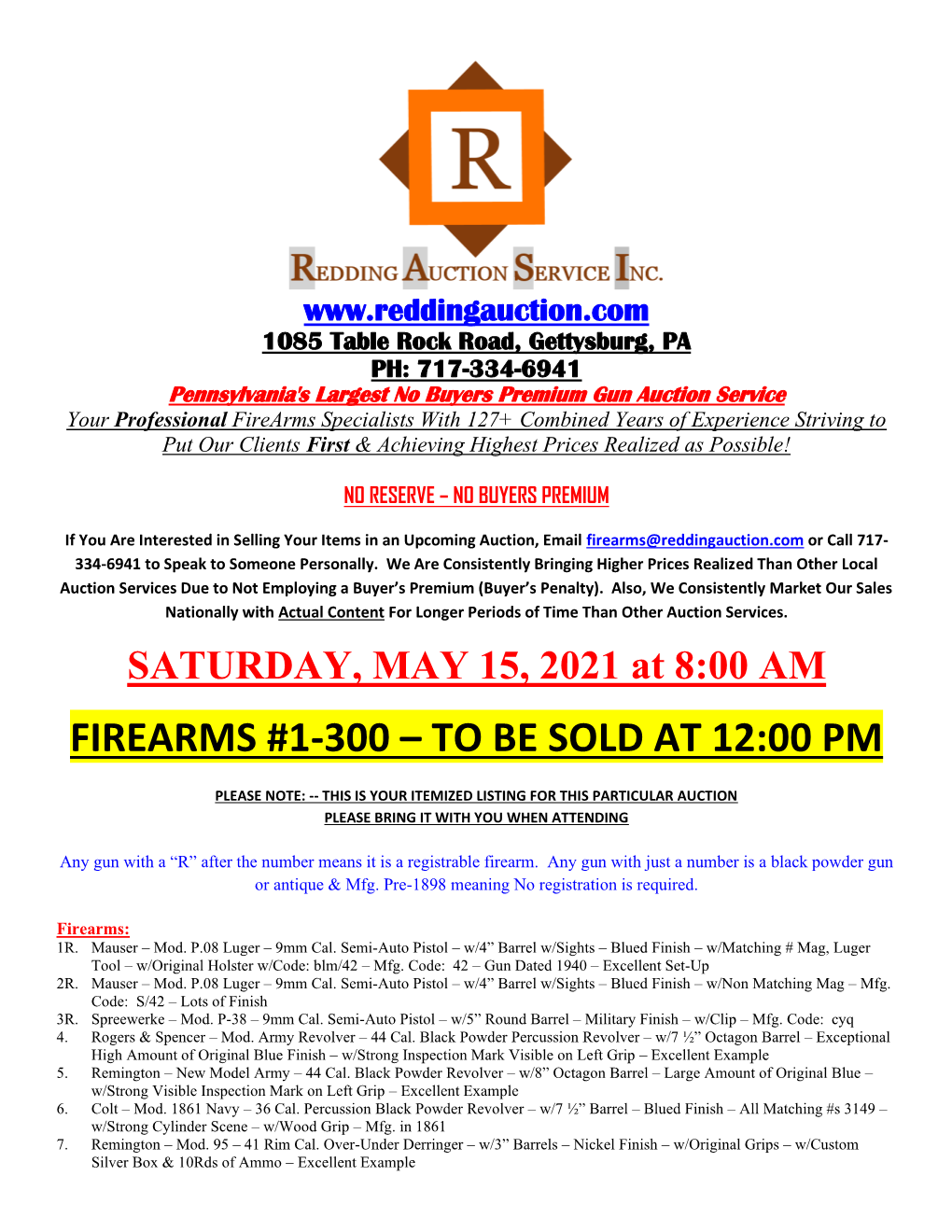 Firearms #1-300 – to Be Sold at 12:00 Pm
