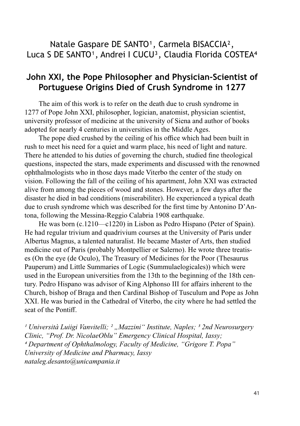 John XXI, the Pope Philosopher and Physician-Scientist of Portuguese Origins Died of Crush Syndrome in 1277