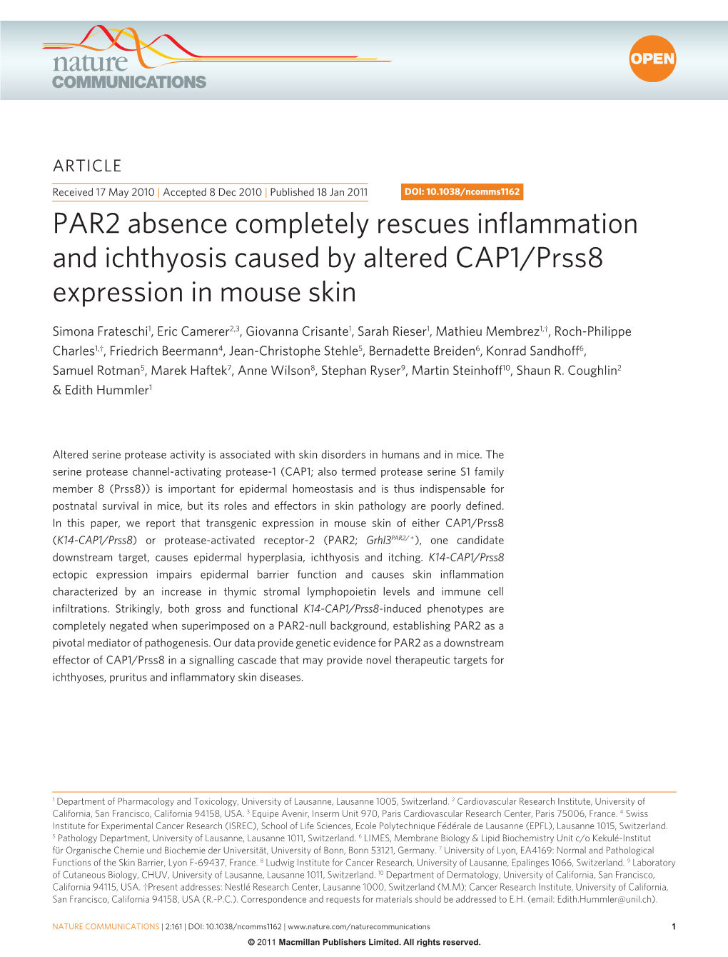 PAR2 Absence Completely Rescues Inflammation and Ichthyosis Caused by Altered CAP1/Prss8 Expression in Mouse Skin