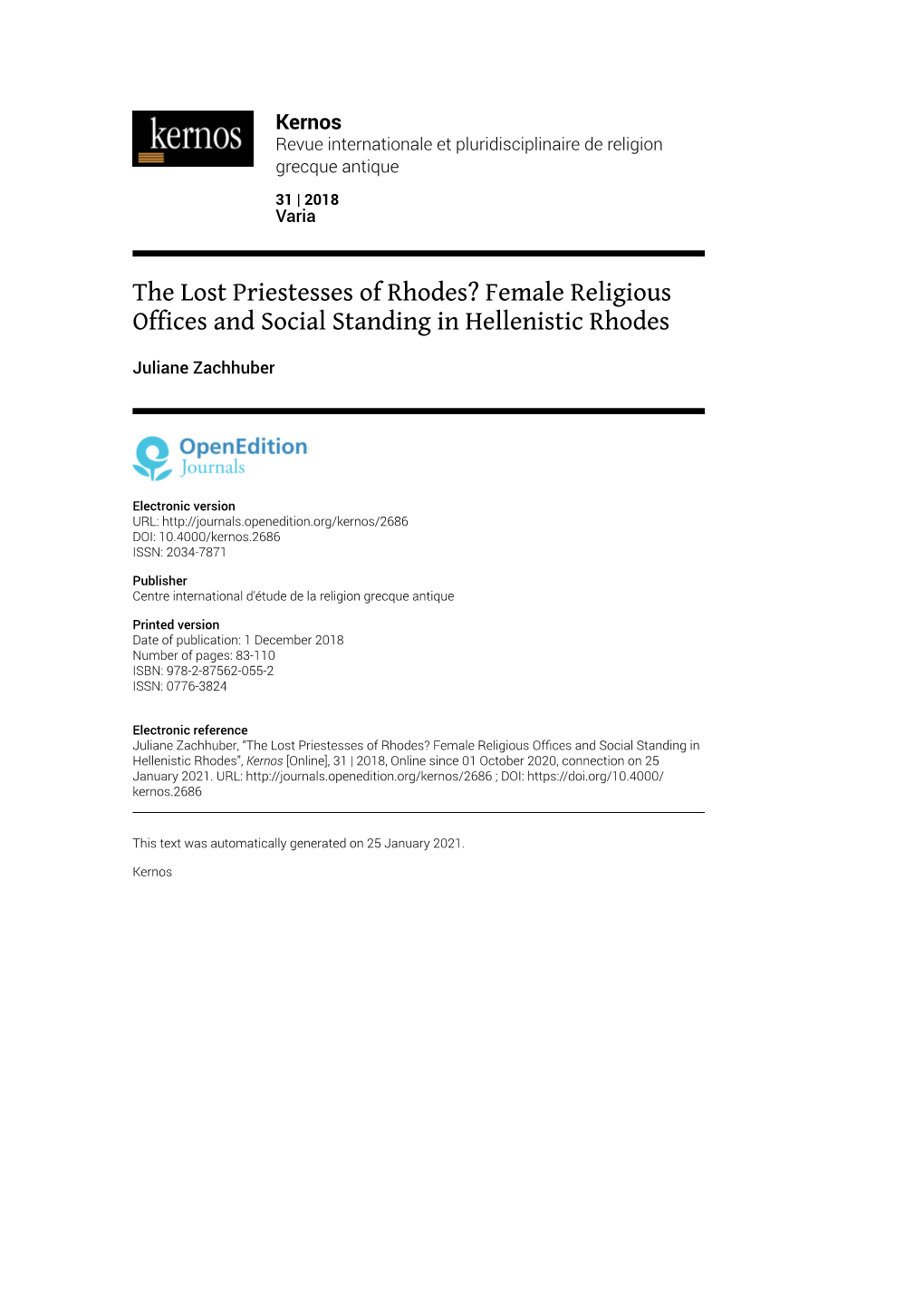 Female Religious Offices and Social Standing in Hellenistic Rhodes