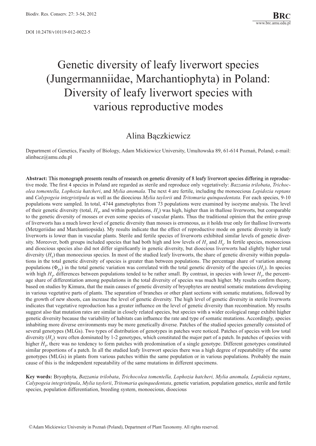 Genetic Diversity of Leafy Liverwort Species (Jungermanniidae, Marchantiophyta) in Poland: Diversity of Leafy Liverwort Species with Various Reproductive Modes
