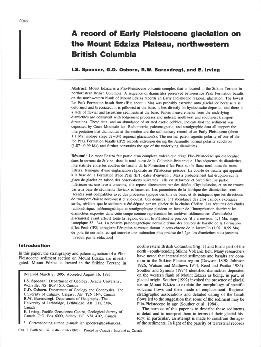 A Record of Early Pleistocene Glaciation on the Mount Edziza Plateau, Northwestern British Columbia I I.S