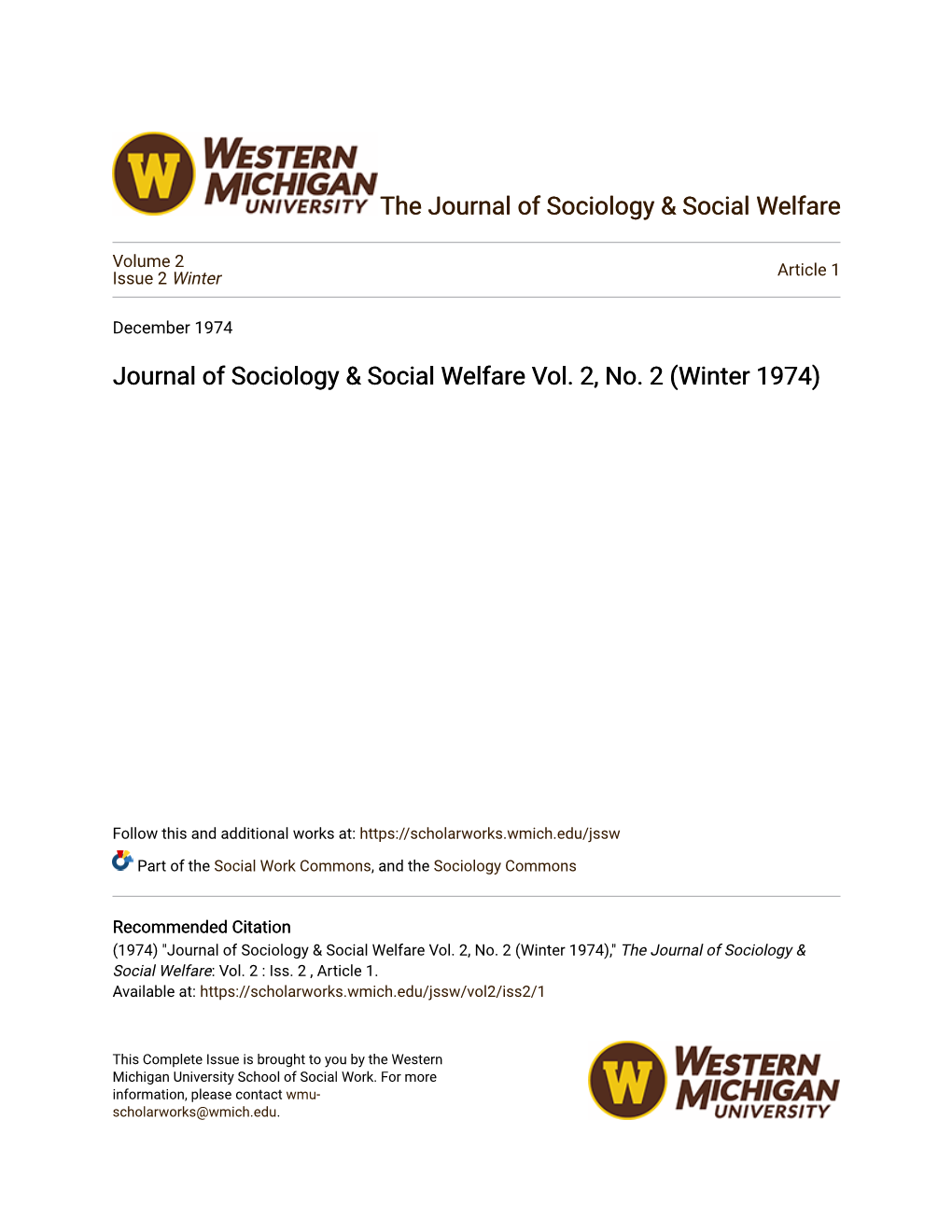 Journal of Sociology & Social Welfare Vol. 2, No. 2
