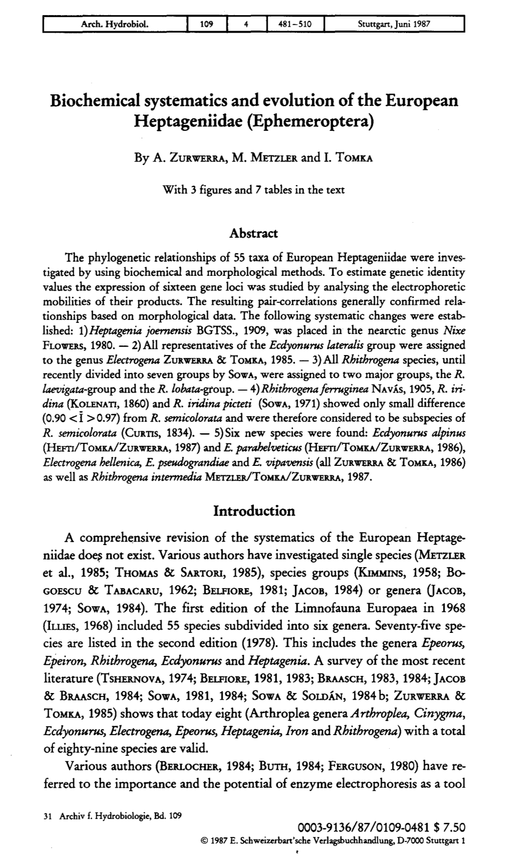 Biochemical Systematics and Evolution of the European Heptageniidae (Ephemeroptera)