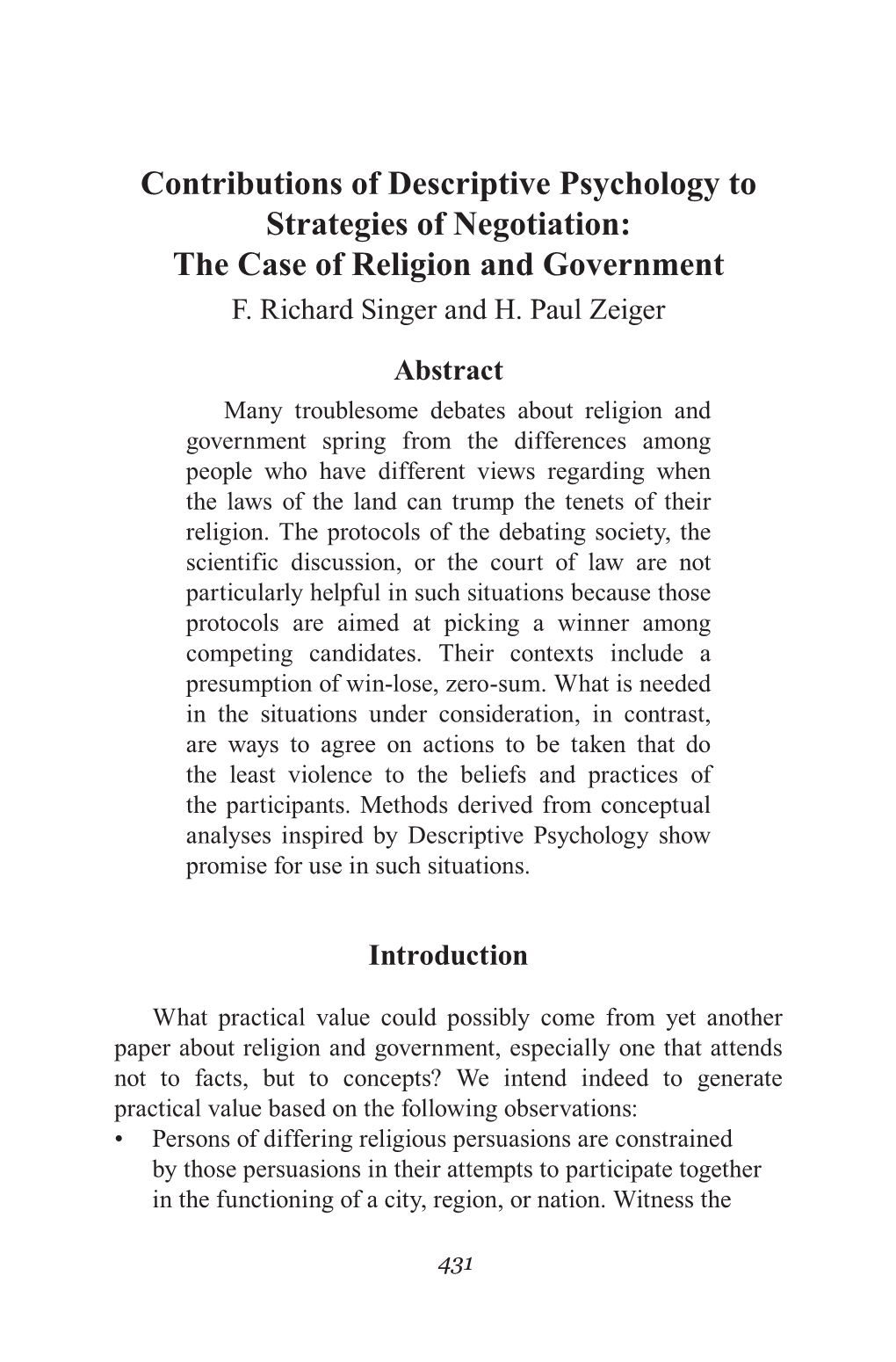 Contributions of Descriptive Psychology to Strategies of Negotiation: the Case of Religion and Government F