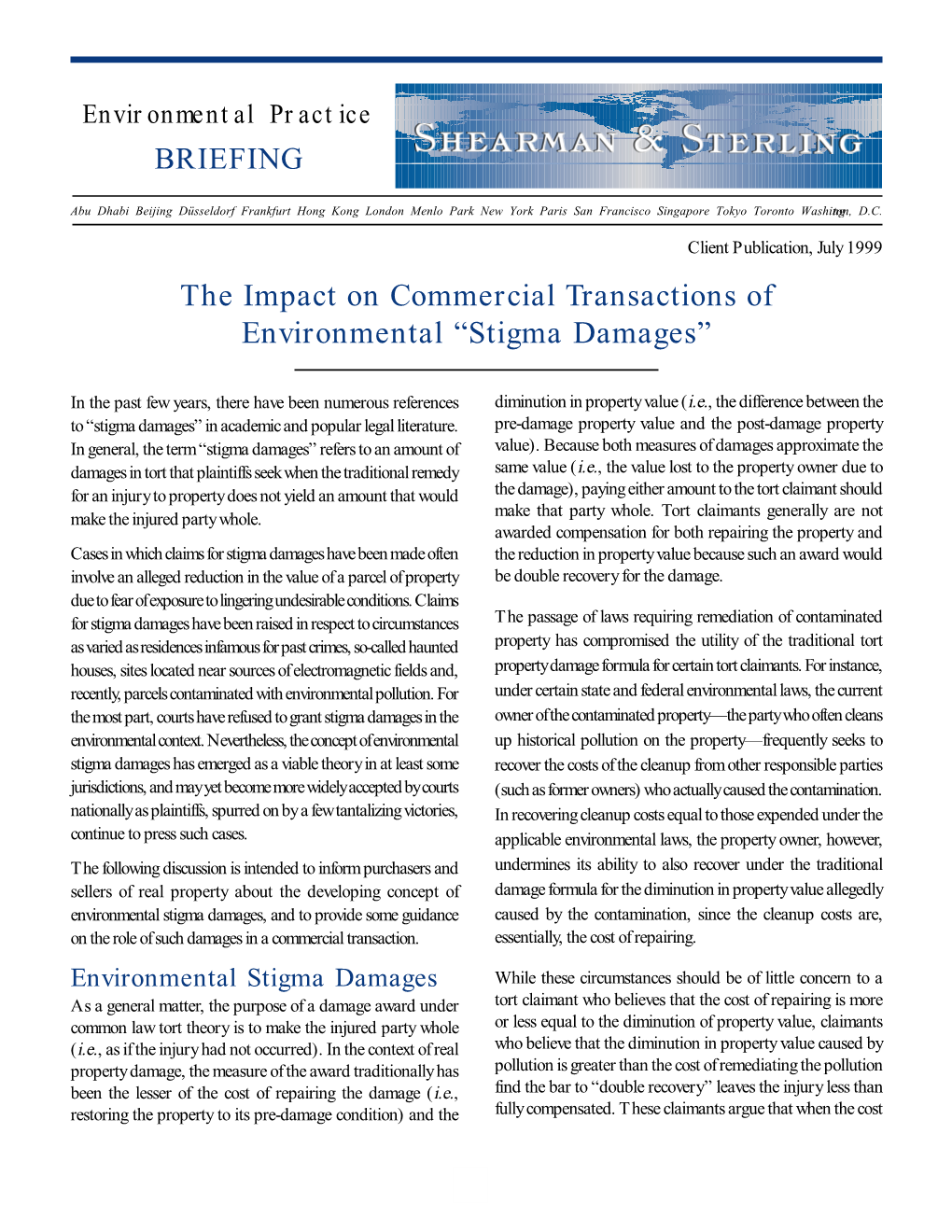 The Impact on Commercial Transactions of Environmental “Stigma Damages”