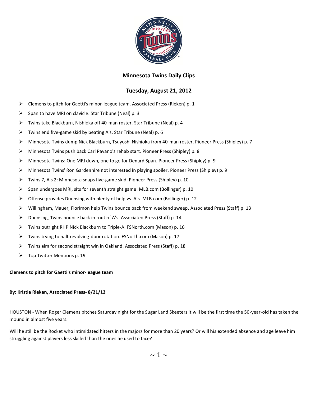 Minnesota Twins Daily Clips Tuesday, August 21, 2012
