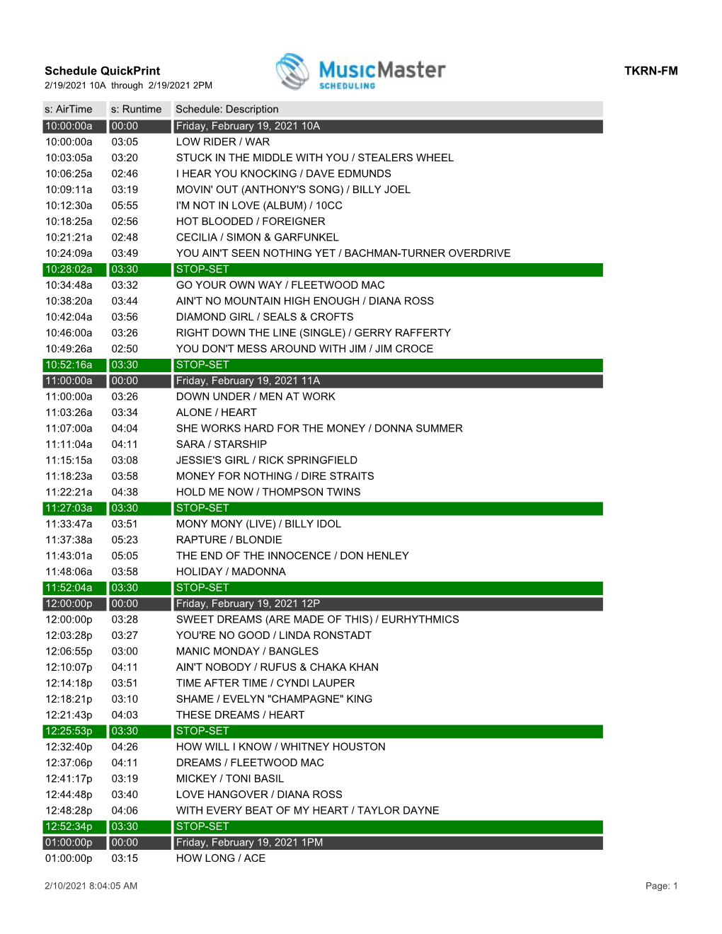 Schedule Quickprint TKRN-FM