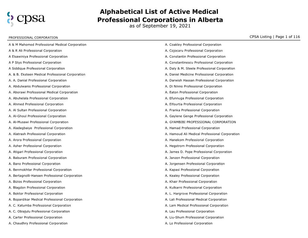 Alphabetical List of Active Medical Professional Corporations in Alberta As of September 19, 2021