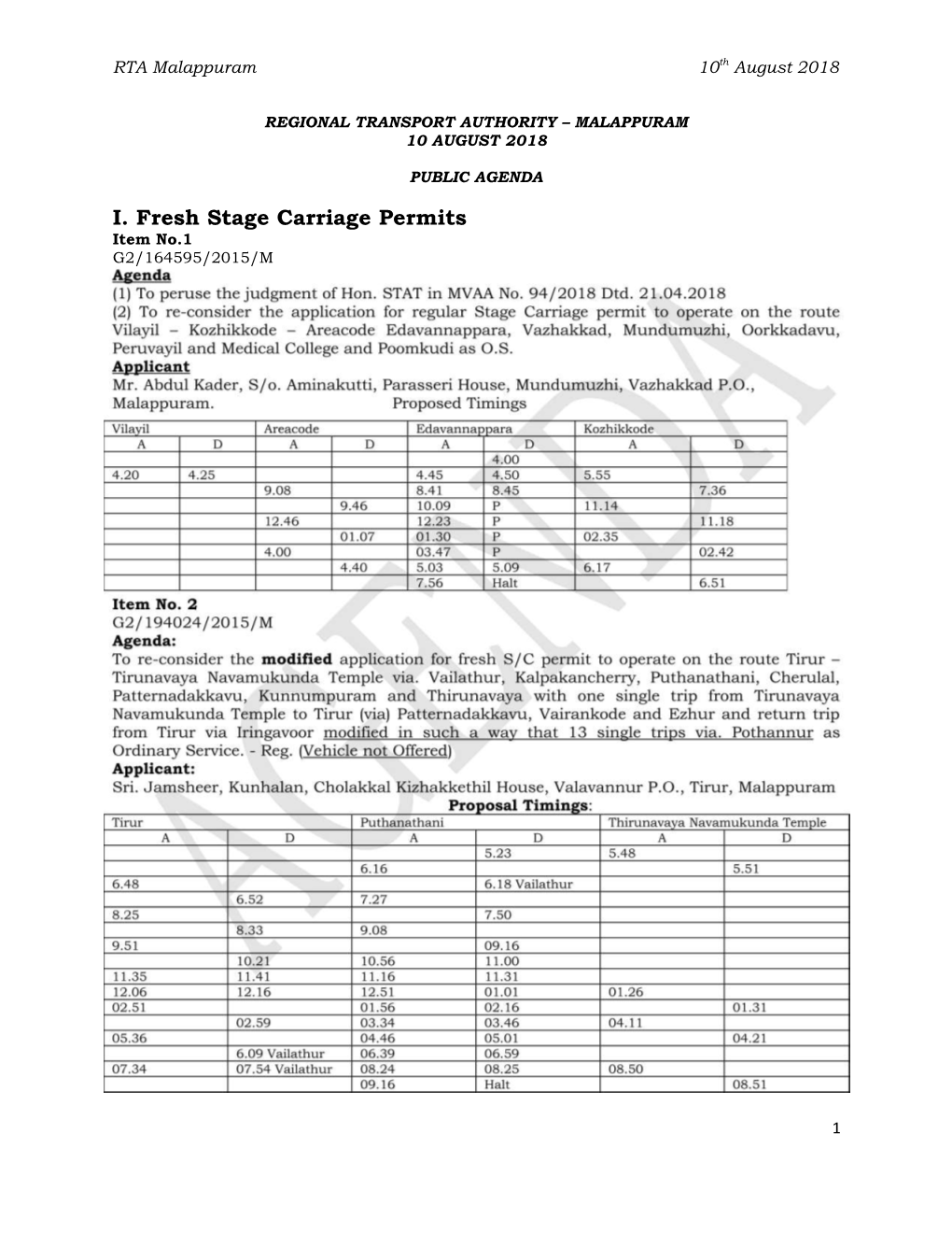 I. Fresh Stage Carriage Permits Item No.1 G2/164595/2015/M