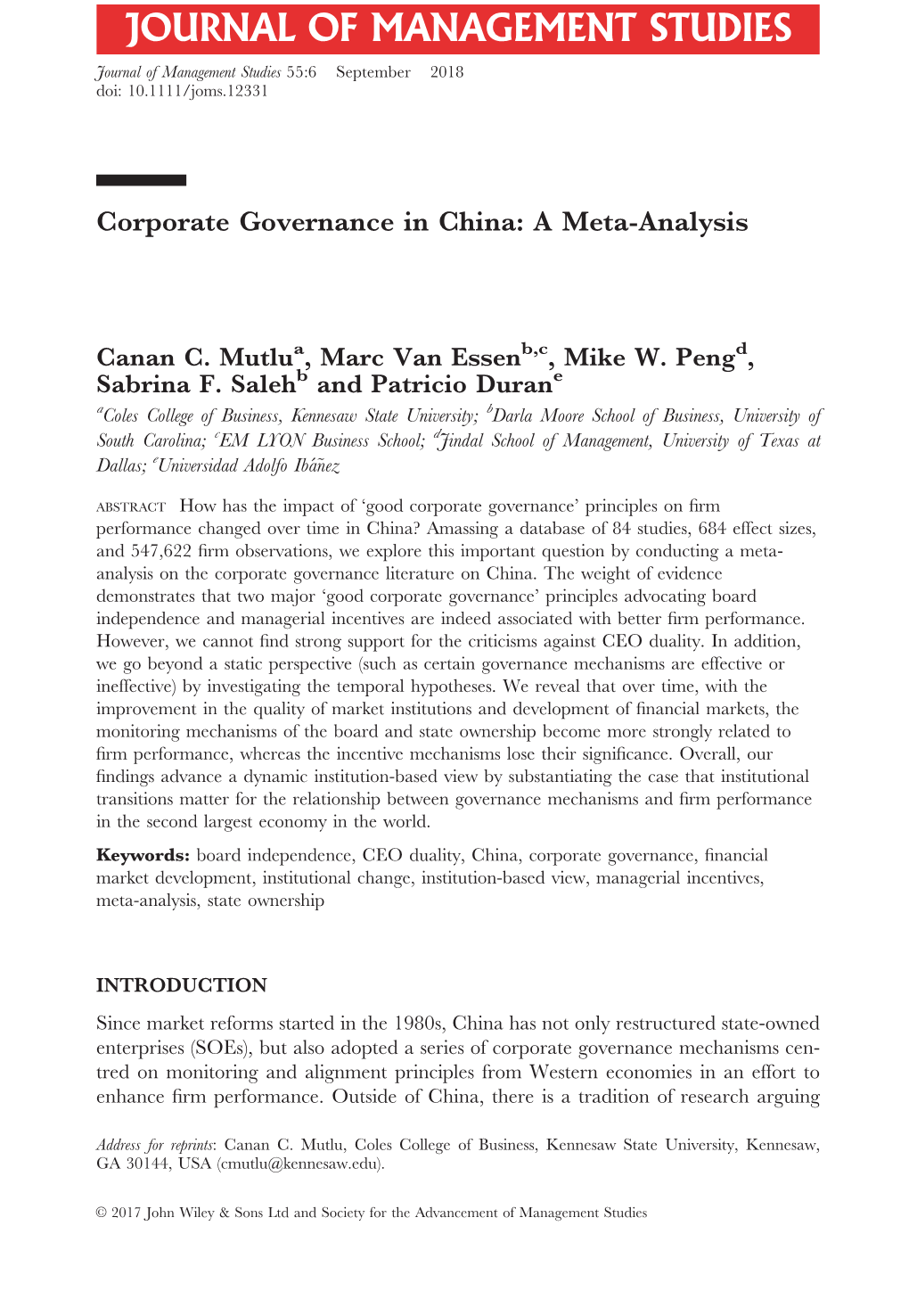 Corporate Governance in China: a Meta-Analysis