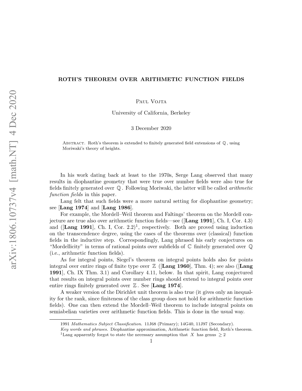 Roth's Theorem Over Arithmetic Function Fields