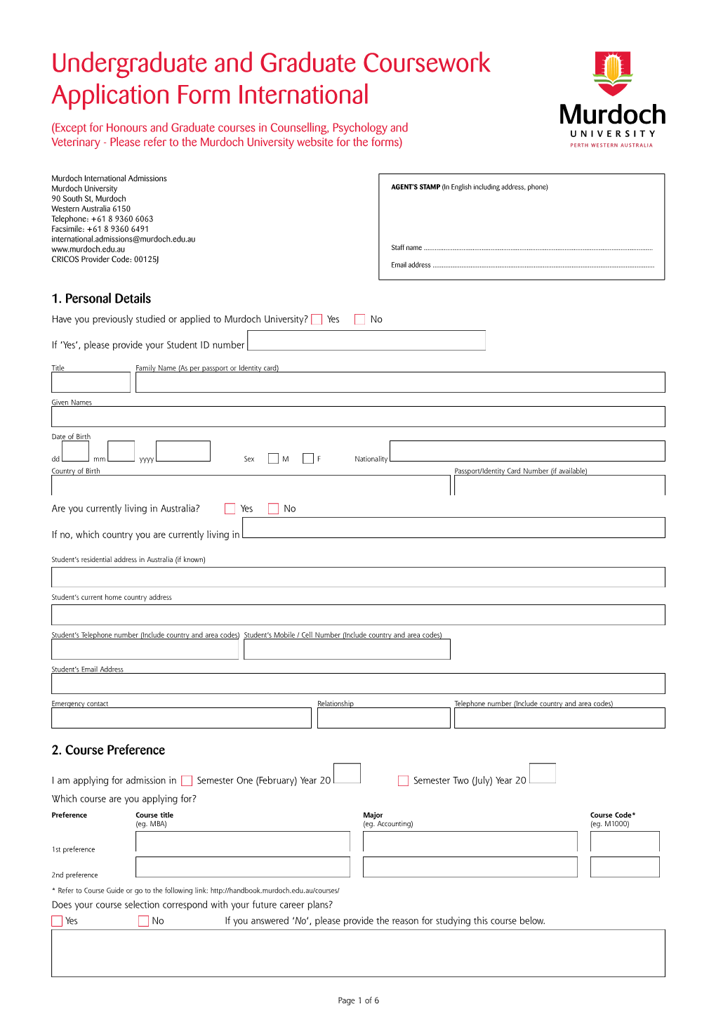 Murdoch University International Student Application Form