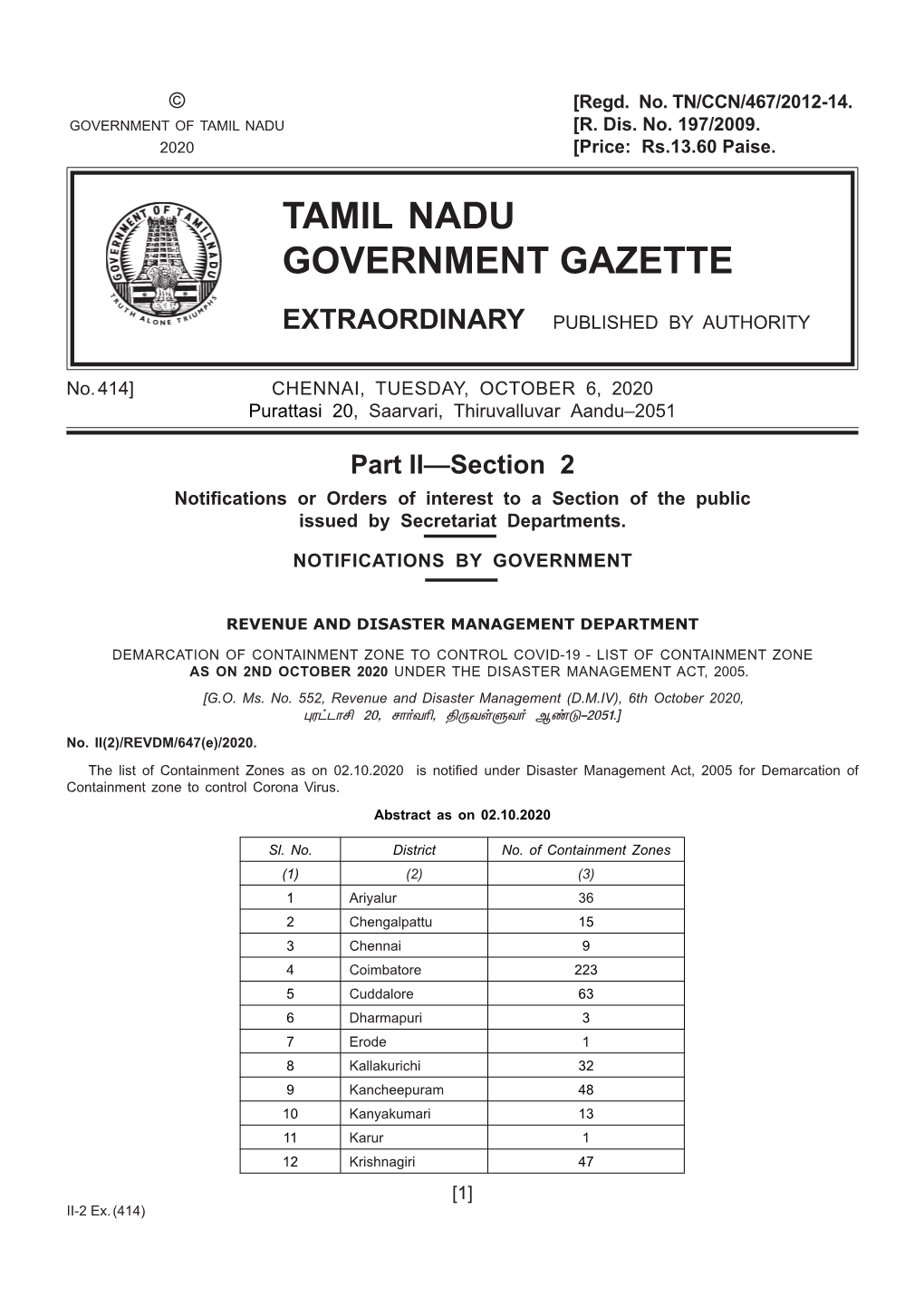 414] CHENNAI, TUESDAY, OCTOBER 6, 2020 Purattasi 20, Saarvari, Thiruvalluvar Aandu–2051