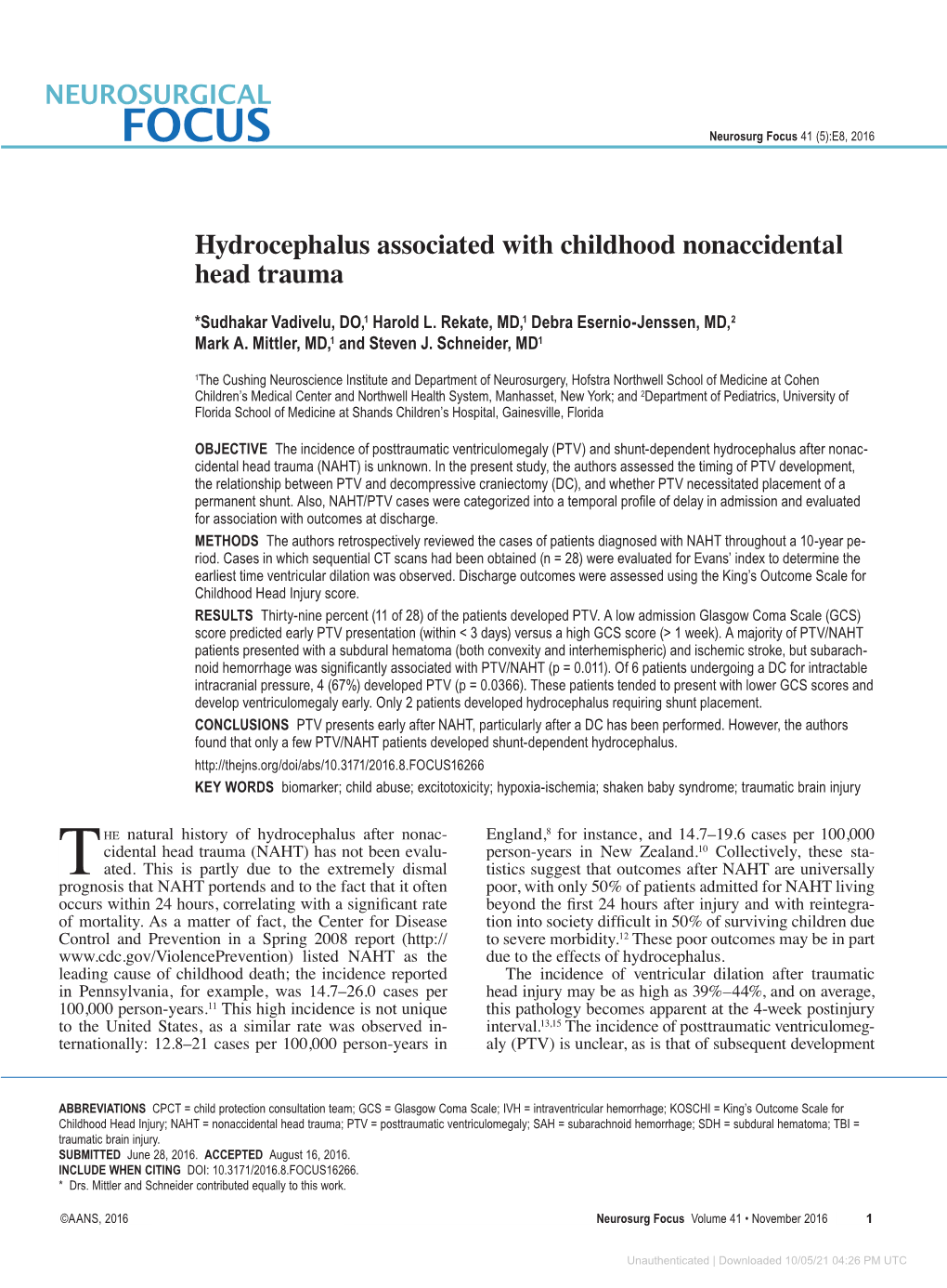 Hydrocephalus Associated with Childhood Nonaccidental Head Trauma