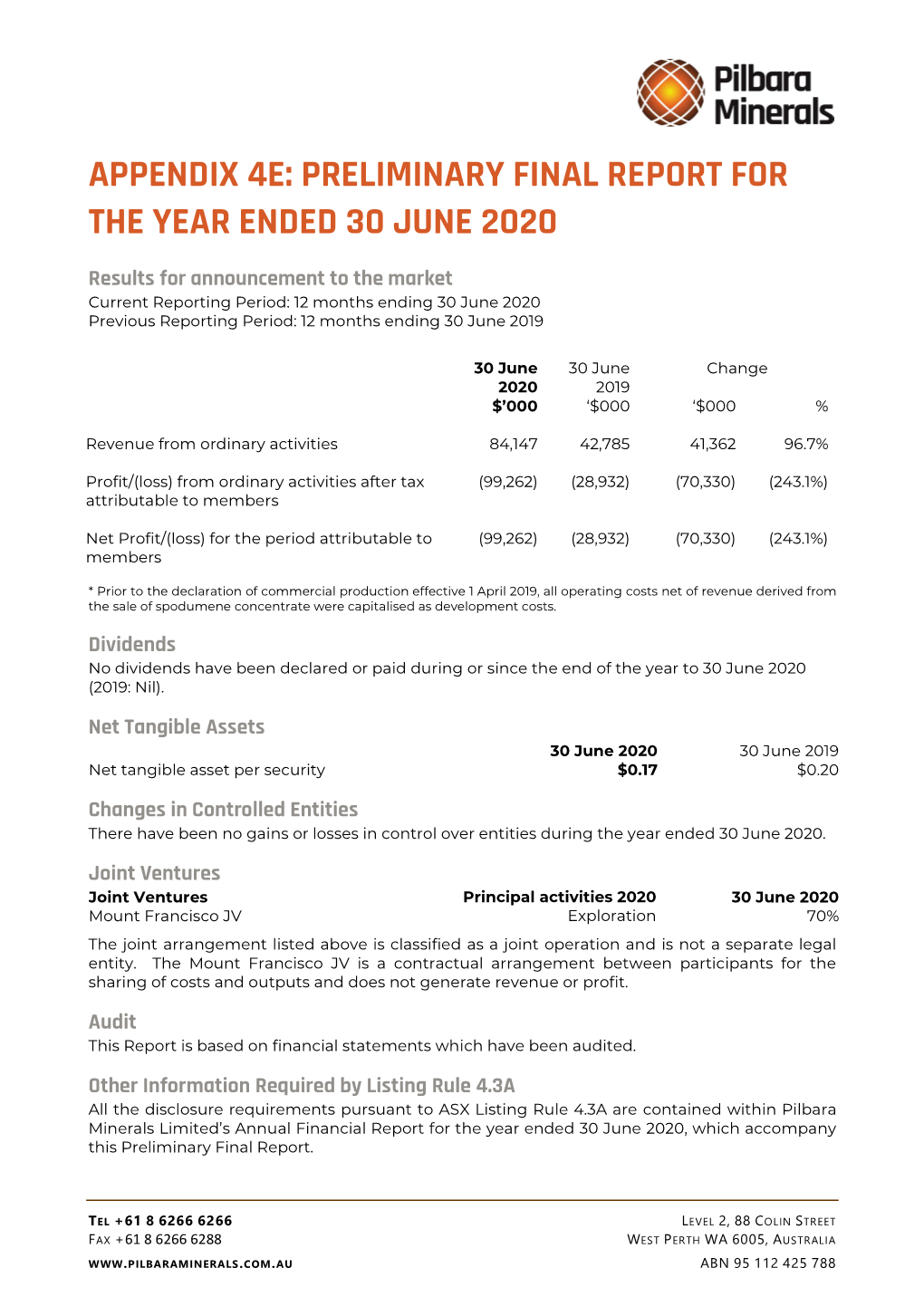 Appendix 4E: Preliminary Final Report for the Year Ended 30 June 2020