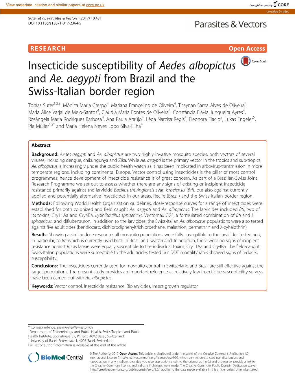 Insecticide Susceptibility of Aedes Albopictus and Ae. Aegypti from Brazil and the Swiss-Italian Border Region