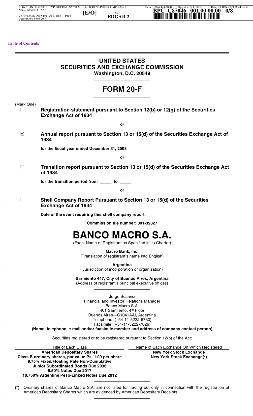 BANCO MACRO S.A. 001.00.00.00 (Exact Name of Registrant As Specified in Its Charter)