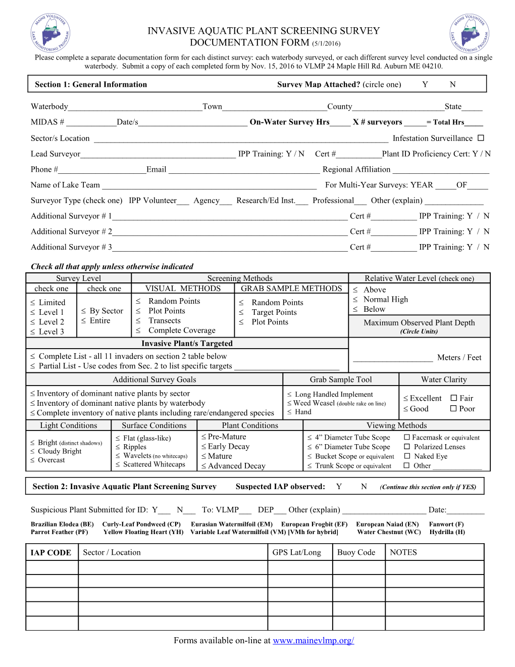 Invasive Aquatic Plant Screening Survey