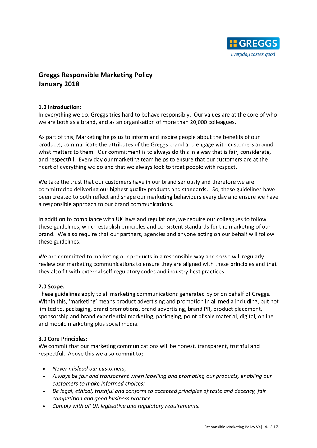 Greggs Responsible Marketing Policy January 2018