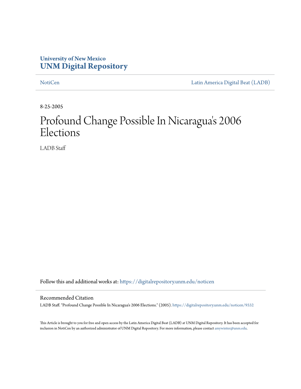Profound Change Possible in Nicaragua's 2006 Elections LADB Staff