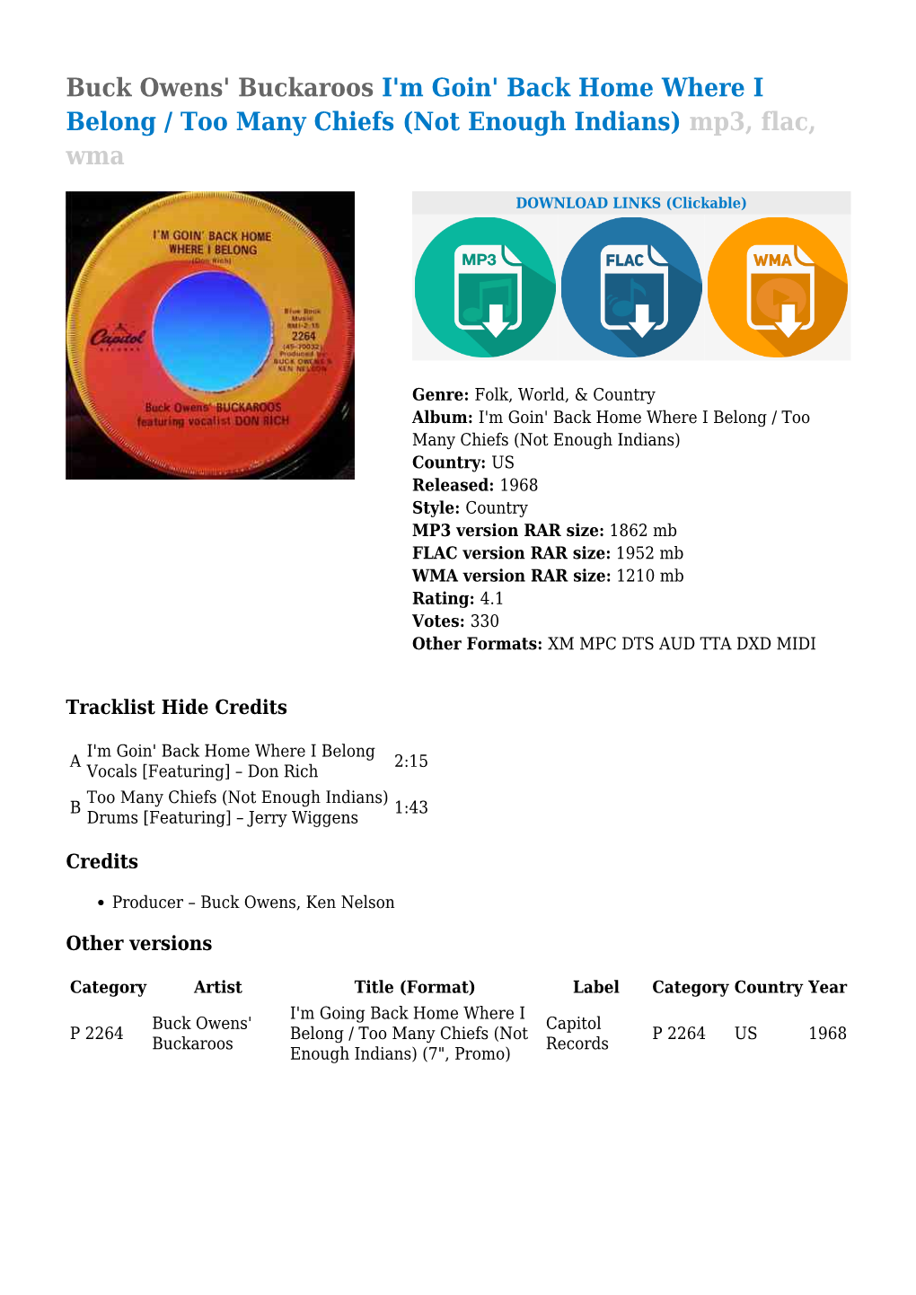 Buck Owens' Buckaroos I'm Goin' Back Home Where I Belong / Too Many Chiefs (Not Enough Indians) Mp3, Flac, Wma