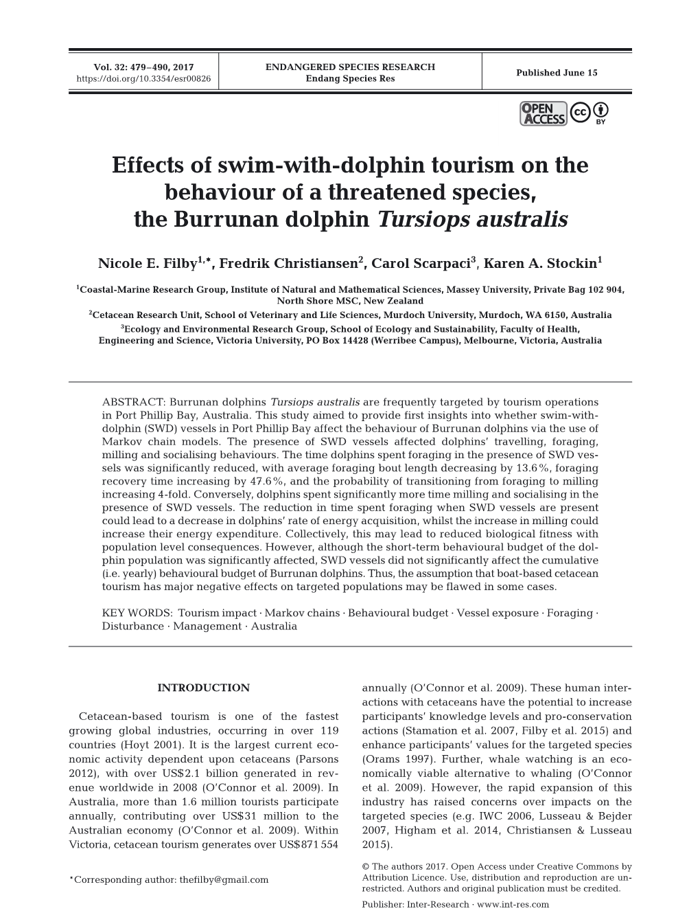 Effects of Swim-With-Dolphin Tourism on the Behaviour of a Threatened Species, the Burrunan Dolphin Tursiops Australis