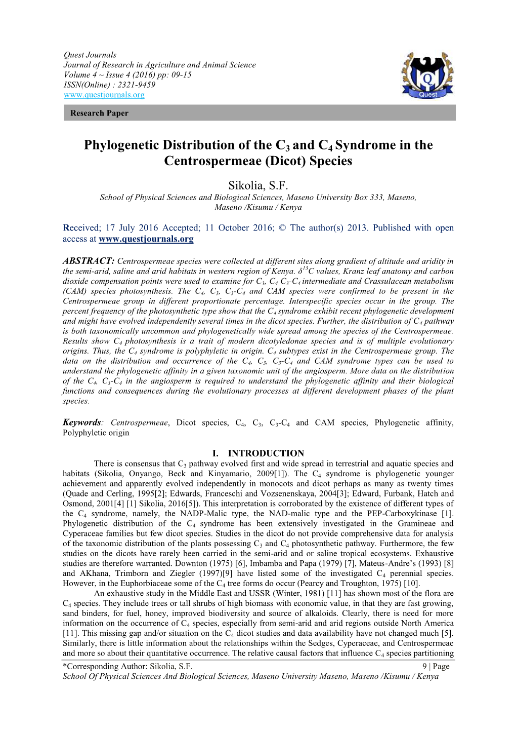 Phylogenetic Distribution of the C3 and C4 Syndrome in the Centrospermeae (Dicot) Species