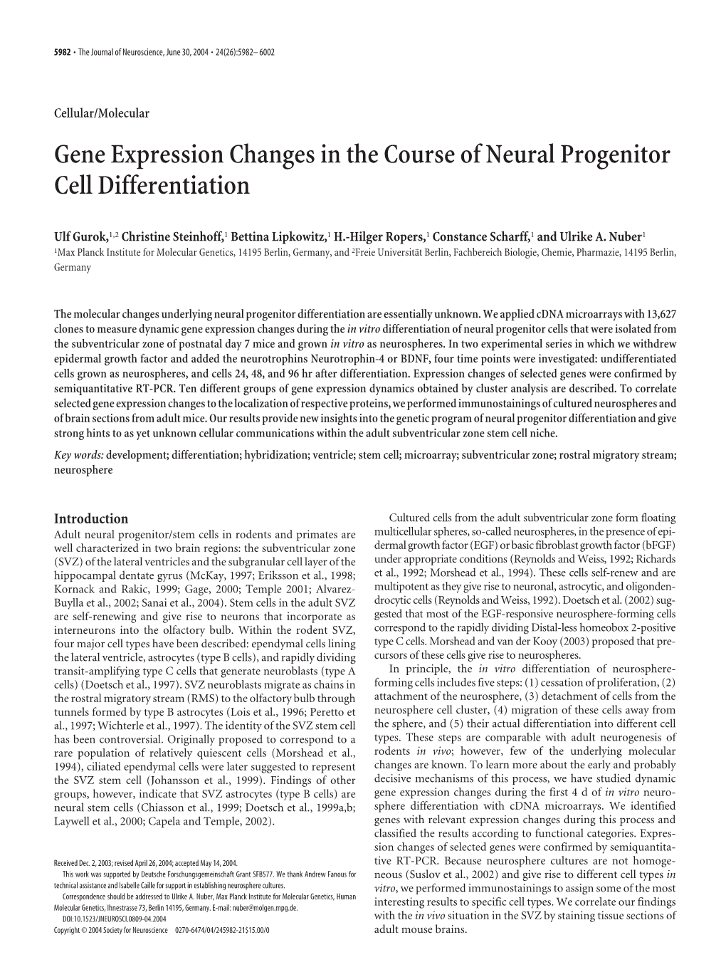Gene Expression Changes in the Course of Neural Progenitor Cell Differentiation
